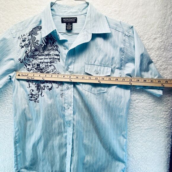 Montage Collection Men's Shirt Blue Gray Stripe Short Sleeve Pocket Large - Picture 4 of 8
